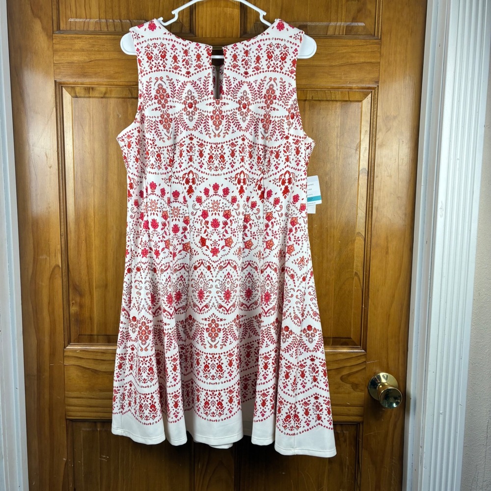 Danny & Nicole Fit Flare Dress 16P Floral Red White Damask Bohemian Brunch